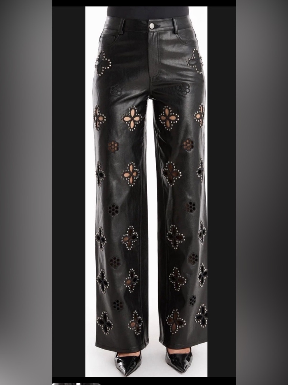 Noli Black Wide-Leg Leather Pants with Floral Cutouts and Studs